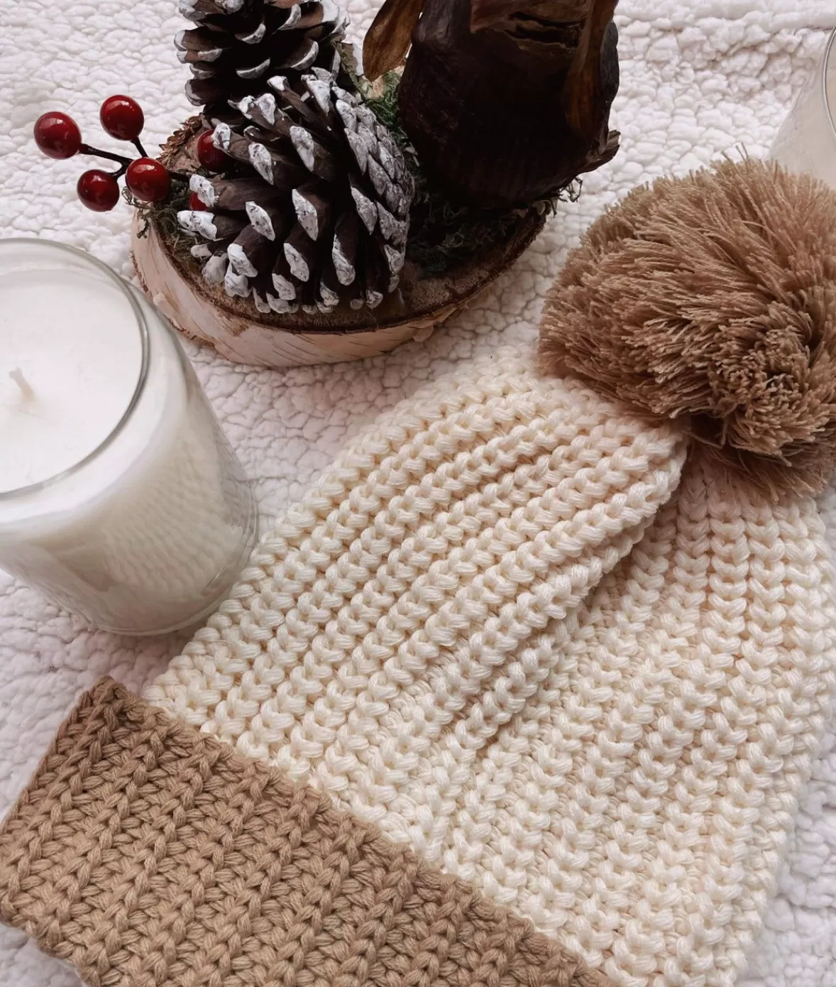 Soft Chunky Knit Two-Tone Hat With Pom Pom And Solid Color Beanie With Pom Pom And Cuff | Nayked Apparel Outlet